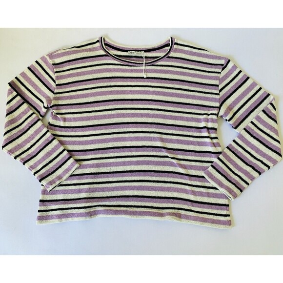 Zara Sweater Women Small Purple Black Stripe Knit Long Sleeve Rustic Preppy Warm - Picture 1 of 6